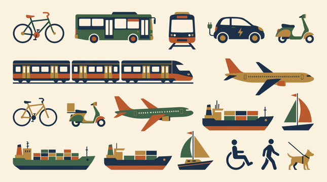Global public transit and eco friendly transportation methods pattern including bus train electric car airplane and cargo ship