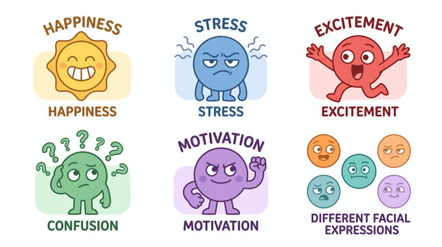 Emotional cartoon character faces pattern showcasing stress motivation excitement anger sadness and various mood expressions