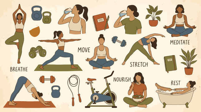 Active healthy lifestyle pattern with women practicing yoga running stretching exercising and riding a stationary bicycle