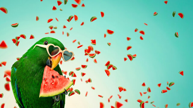 Medium shot green eclectus parrot wearing heart sunglasses eating watermelon slice floating fruit clear copy space background for summer marketing campaign