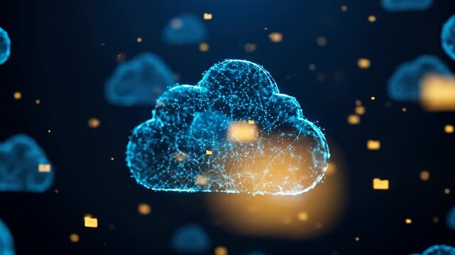 Glowing blue digital cloud connected by lines & points on dark background with squares