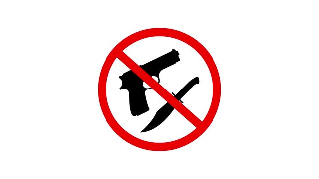 No Weapon allowed sign animation on white background. No weapon allowed sign icon, simple forbidden gun and knife symbol. Gun and red cross symbol animation. 4k video motion graphic animation .