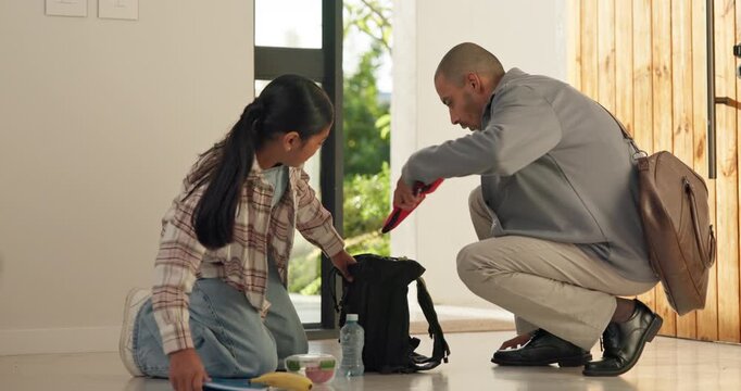 Backpack, rush and child with dad for help, support and running late for school in home. Busy, front door and man or single parent with daughter for packing books, education or getting ready together