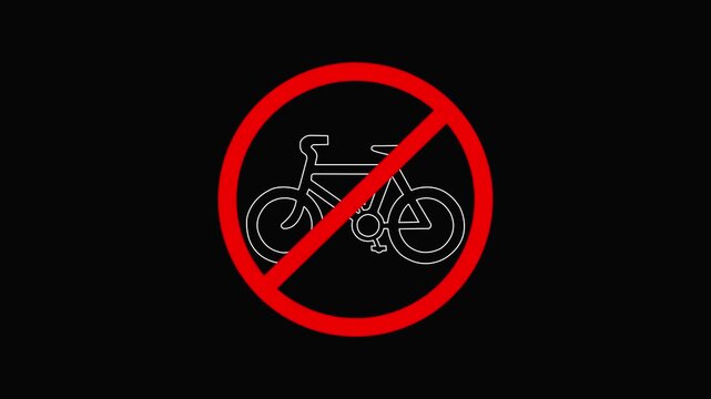 Prohibition sign of bicycle. No bicycle traffic sign. not allowed bicycle riding icon animation .red color circle and white color bicycle on black background . 4k video motion graphic animation .