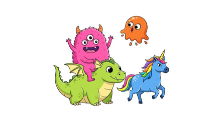 Naklejka premium Colorful cartoon monsters dragon and unicorn characters isolated on white background