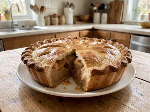 A freshly baked apple pie sits on a white plate atop a rustic wooden table. The crust is golden brown with a glossy finish and decorative fluted edges. One slice has been removed.