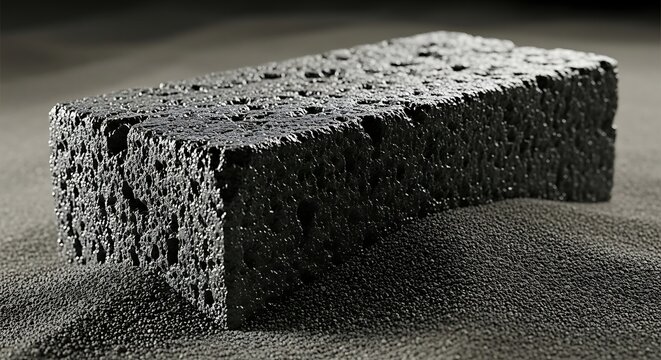 A single dark grey concrete brick block resting on a textured surface