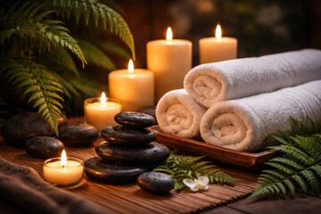Massage therapy concept showing towel candles and hot stones beside fern leaves