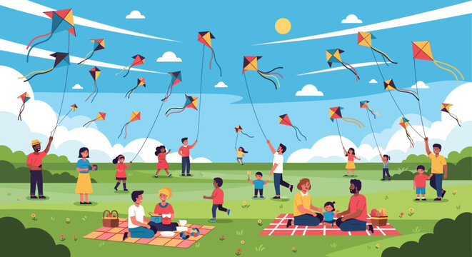 People flying colorful kites outdoors.