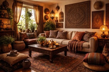 Fototapeta premium warm living room showcasing cultural artifacts and ethnic design details