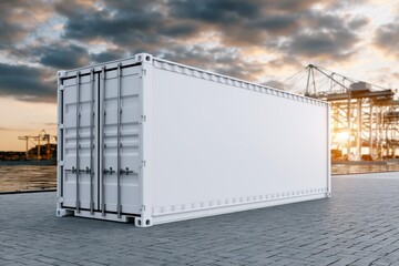 Obraz premium Blank white shipping container on a paved surface at a port with cranes and sunset sky.