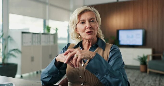 Video call, discussion and face of businesswoman in office for job interview or recruitment process. Happy, POV and portrait of mature female hr manager with virtual meeting for vacancy in workplace.