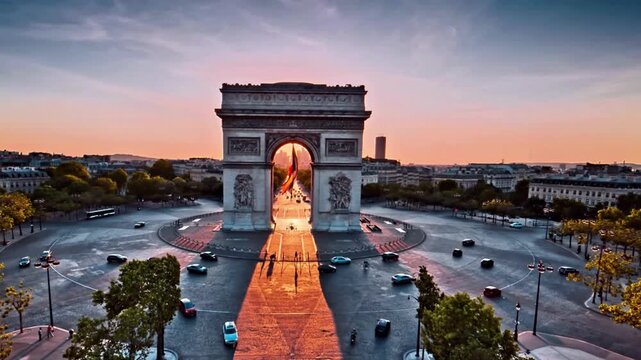 Arc de Triomphe monument with traffic on Champs Elysees in Paris France in 4K