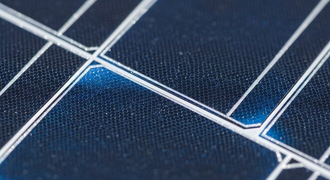 Close up view of modern solar panel cells showing blue squares and silver grid lines