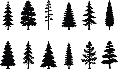 Pine tree silhouette vector set, fir tree vintage forest nature evergreen collection illustration © vectovibe