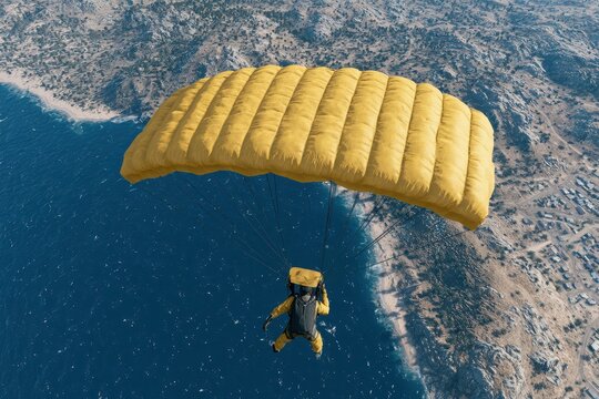 A skydiver in a yellow suit descends with a bright yellow parachute over a coastal landscape with blue ocean.
