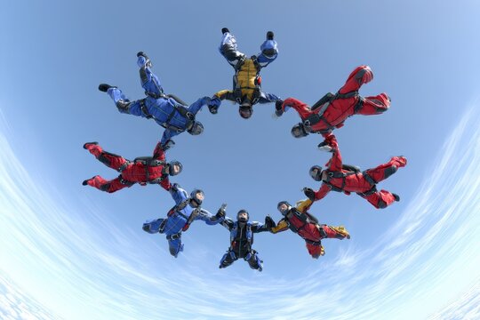 Team of skydivers in colorful suits form a circle formation high in the clear blue sky.