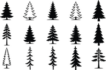 Obraz premium Pine tree silhouette vector set, fir tree vintage forest nature evergreen collection illustration