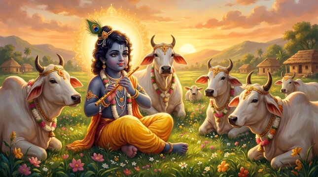 Lord krishna flute cows hindu god hinduism divine spirituality mythology art