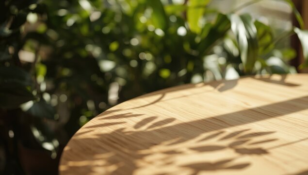 Blurry indoor green plants complement sunlit wood table casting natural leaf shadows in a warm ambient product space