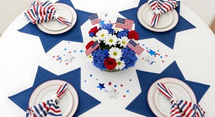 Obraz premium Patriotic table setting with red, white, and blue decorations for a festive american holiday celebration.