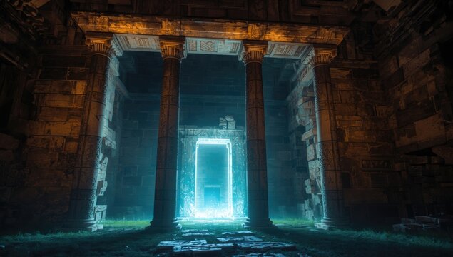 Ancient stone arch and pillars illuminated by mystical runes and portal light