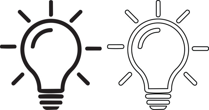 Two black light bulb with glowing filaments and dashed lines representing ideas idea concept