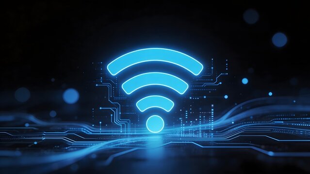 Blue neon wifi symbol on circuit board
