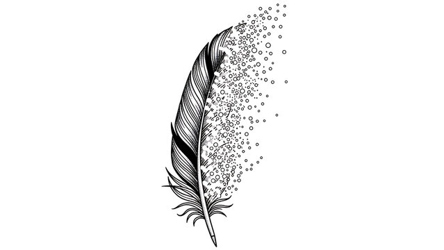 Blackwork feather tattoo with dissolving circles isolated on a