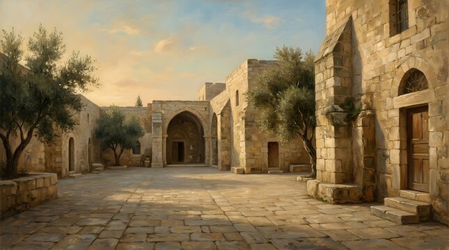 Church of the Nativity Courtyard in Bethlehem, Palestine at Late Afternoon