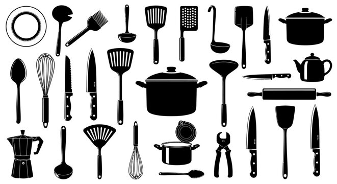 Kitchen Utensils, Cooking Tools, Black Silhouettes, Vector Icons, 25 Kitchen Essentials