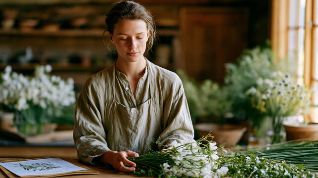 Junior florist sorting stems of garden-grown sweet peas and trailing ivy onto a wide workbench in preparation for assembling individual guest table centerpieces, a printed floral brief beside her an