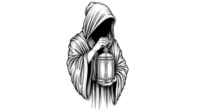 Hooded grim reaper holding a glowing lantern isolated on a