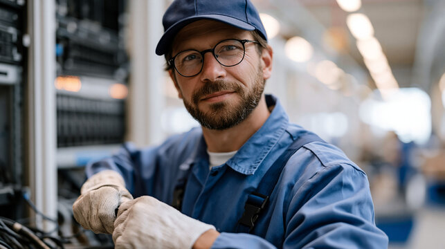 Gloved technician in a factory processing facility carefully dismantling an outdated server rack, illustrating e-waste management, industrial recycling, technology disposal industry, circular econom