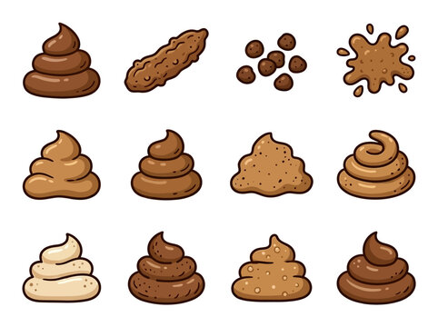 A collection of various brown poop illustrations on a white background
