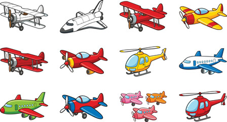 Cute Cartoon Airplane Vector Icon Collection with Space Shuttle, Helicopters, Biplanes, and Propeller Aircraft for Kids Transportation and Playground Graphic Designs © Roymohan