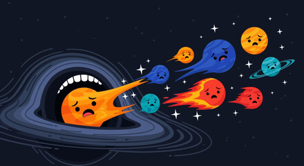 Cartoon planets and black hole with expressive faces in space, vector illustration © Stock