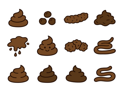 Various brown feces shapes and sizes are displayed in a grid.