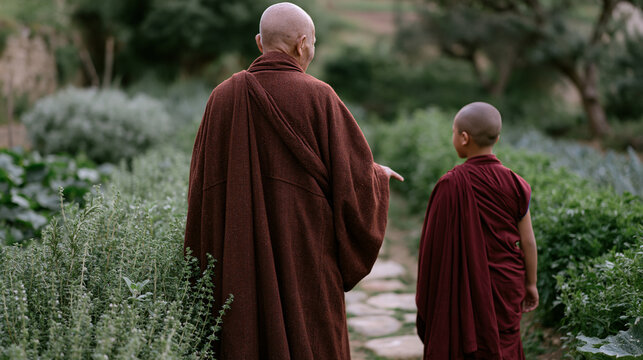 Elderly abbot and a young novice monk walk the perimeter of a monastery's market garden in early morning, the senior monk pointing toward rows of herbs while reviewing a harvest calendar, combining 