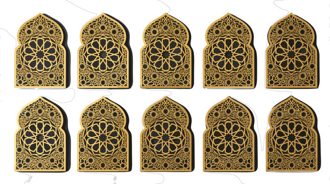 Luxury Golden Islamic Arched Frames with Intricate Geometric Arabesque Patterns for Ramadan Kareem and Eid Mubarak Celebrations