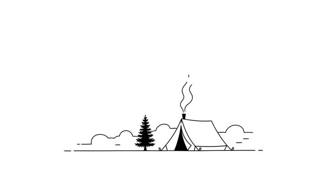 Minimalist camping scene featuring tent and tree in a simple monochrome line art style