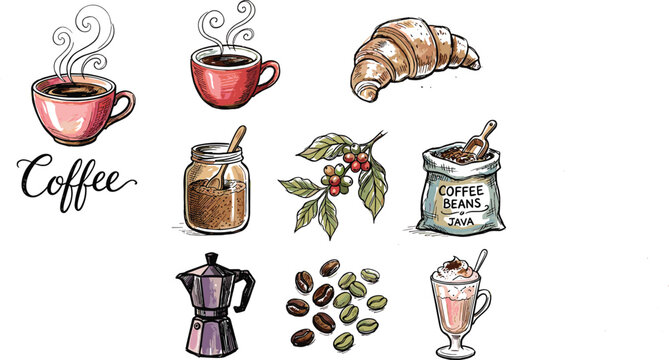 Premium coffee shop collection featuring croissant beans moka pot latte cup and branch in vintage hand drawn style
