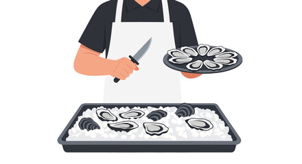 Chef serving fresh oysters on ice with knife and plate © Stock