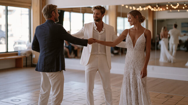 Couples dance instructor guiding newlyweds through the final rehearsal of their first dance in a mirrored studio, showing the groom the exact lead position with one hand while the bride marks her fo