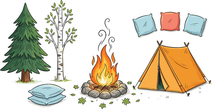 Cozy Glamping and Camping Vector Set with Orange Tent, Bonfire, Pillows, Pine, and Birch Trees Hand Drawn Clipart Elements
