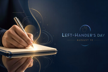 Left-Hander's Day August 13 left hand holding silver pen writing in notebook symbolic creativity individuality left handed celebration mirrored reflection minimalist studio deep blue gold accents