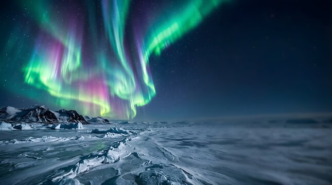 Vibrant aurora borealis over frozen arctic landscape at night