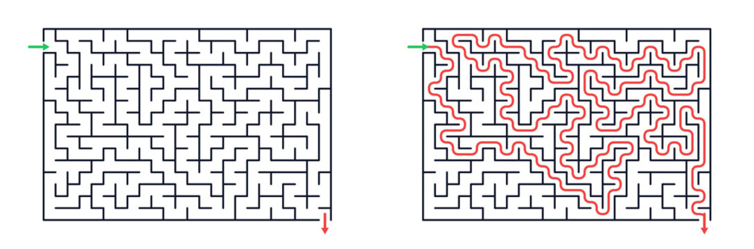 Maze design with black lines and red solved path illustration  