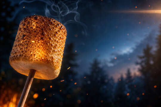 National Marshmallow Toasting Day August 30 toasted marshmallow on wooden skewer golden brown caramelized campfire snack twilight forest smoke embers minimalist macro