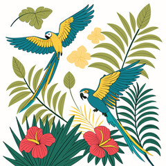 Tropical macaw parrots and hibiscus flowers illustration with tropical, hibiscus © MDashik